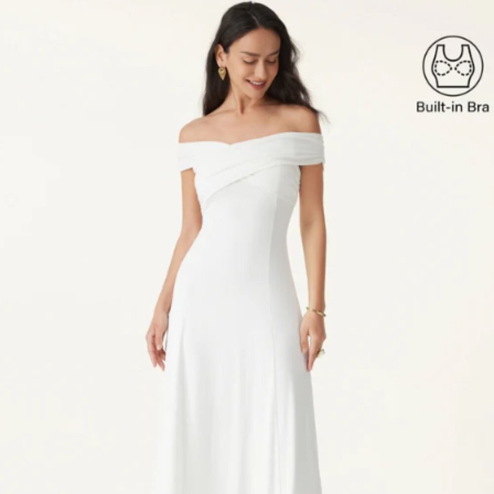 NWT - OGL Flowy Criss Cross Off-shoulder Midi Brami Dress - Pure White